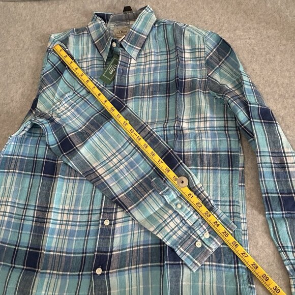 LL Bean Shirt Mens Large Blue Plaid Button Up Slightly Fitted Linen Regular Fit - Picture 7 of 10
